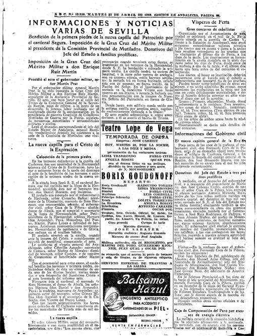 Página de ABC de Sevilla del 23 de abril de 1946 donde se cuenta la colocación de la primera piedra de la iglesia del Cachorro