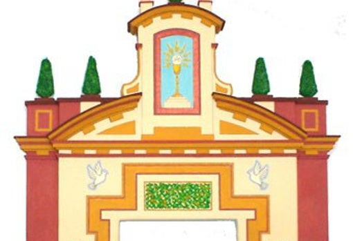 Detalle de la portada del Corpus Christi de 2007 con la fachada de la parroquia de San Lorenzo