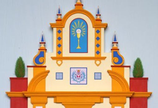 Detalle de la portada del Corpus Christi de 2010 con la fachada de la capilla de La Estrella