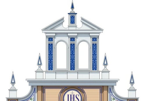 Detalle de la portada del Corpus Christi de 2018 con la espadaña de la parroquia del Cerro