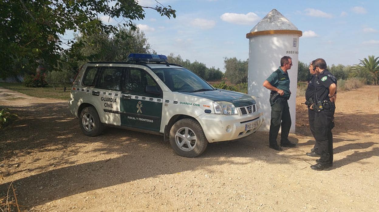 Agentes de la Policía Local y Guardia Civil durante la campaña de vigilancia en una de las fincas de Arahal