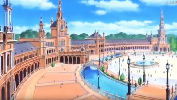 Imagen de la serie con la Plaza de España como la Escuela Mágica Hoshinomori