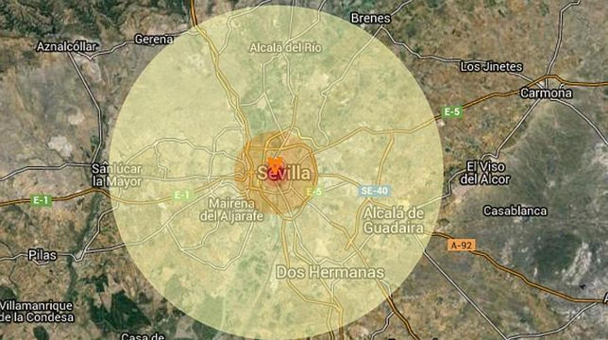 Recreación de la zona de influencia de la bomba en Sevilla