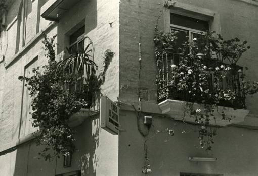 Dos balcones de un edificio que hace esquina en la calle Angostillo, año 1984