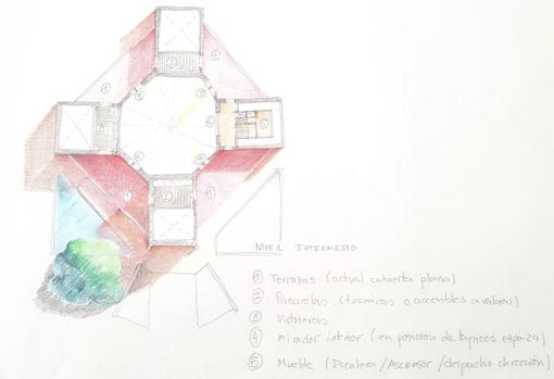 Croquis del nivel intermedio del Pabellón Real, con terrazas y mirador