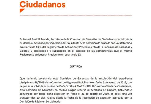Certificado de expulsión del partido que Ciudadanos ha enviado al secretario municipal