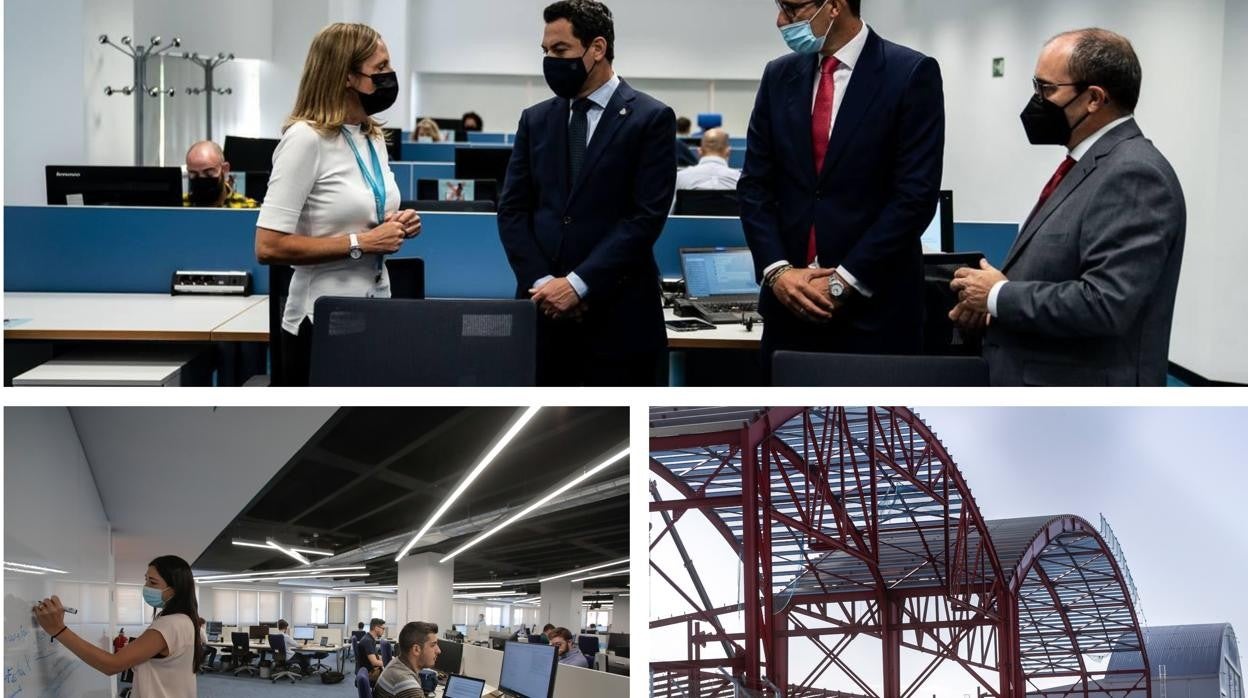 Arriba: Inauguración del centro de Viewnext. Abajo: Las oficinas de Deloitte y el nuevo hangar de Ryanair. ABC