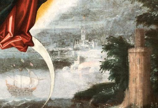 Elementos del paisaje sevillano en la «Inmaculada con Vázquez de Leca» pintados por Francisco Pacheco. Colección Marqués de la Reunión de Nueva España