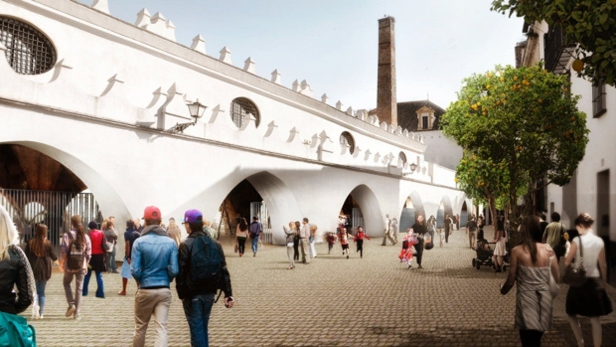 Recreación de cómo será la calle Dos de Mayo peatonalizada, con vistas hacia las Atarazanas