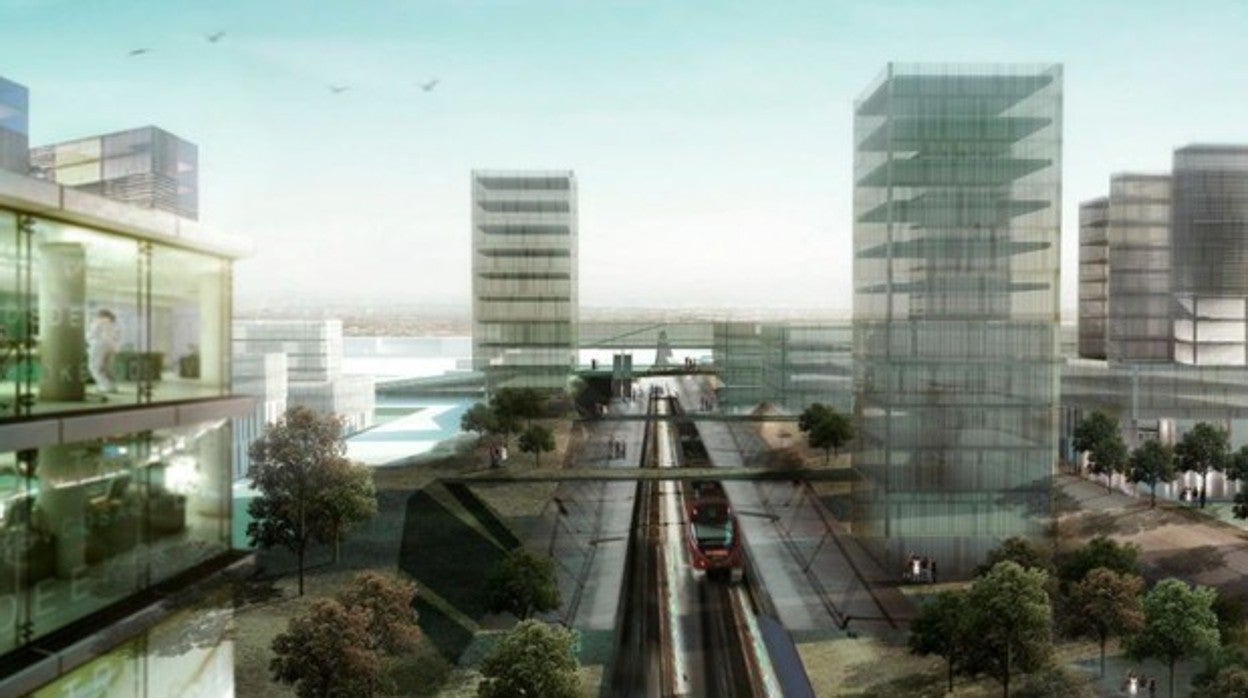 Recreación del nuevo barrio del Pítamo con pasarelas sobre la vía del Cercanías