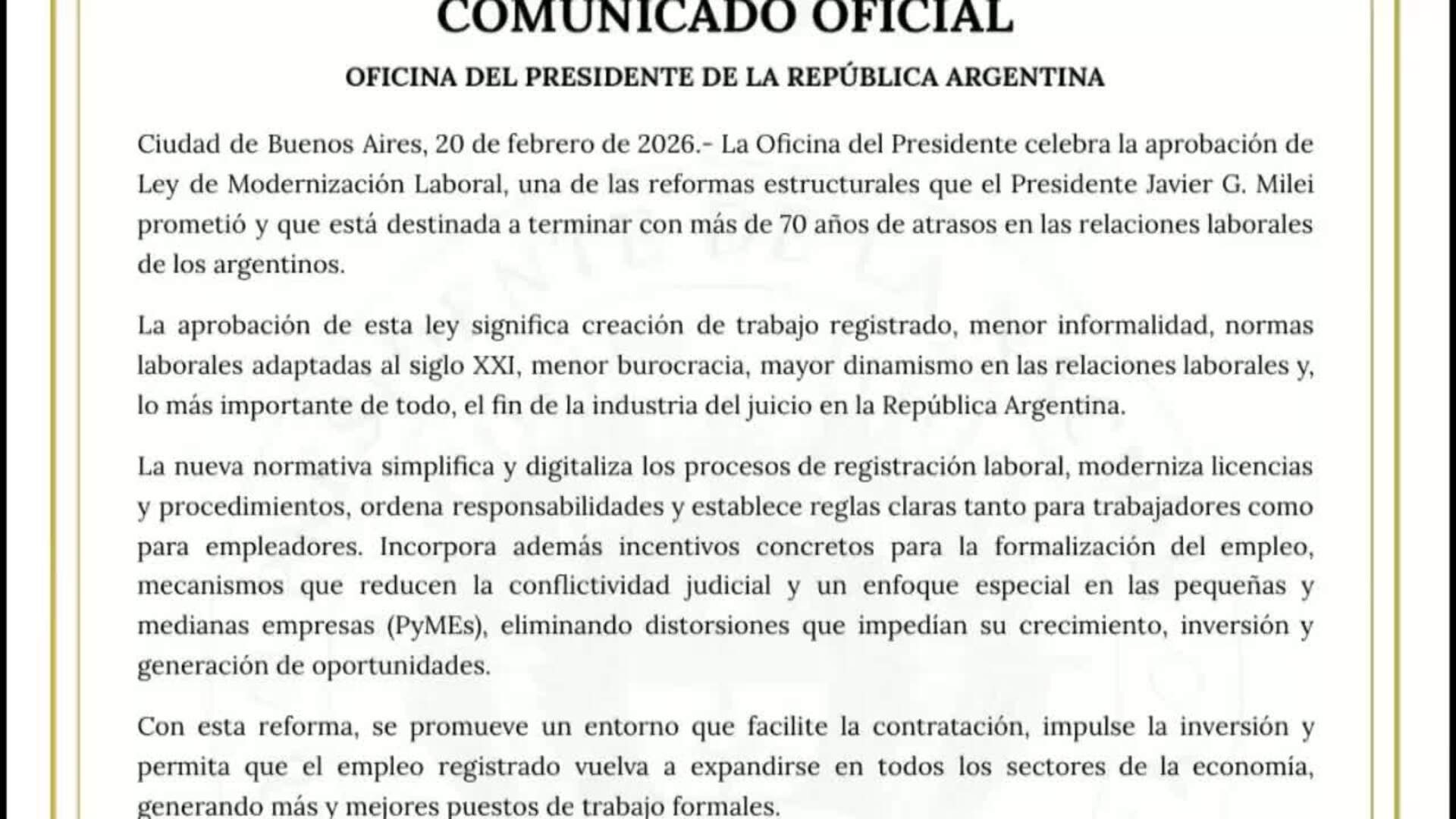 Milei celebra la aprobación del proyecto de reforma laboral en la ...