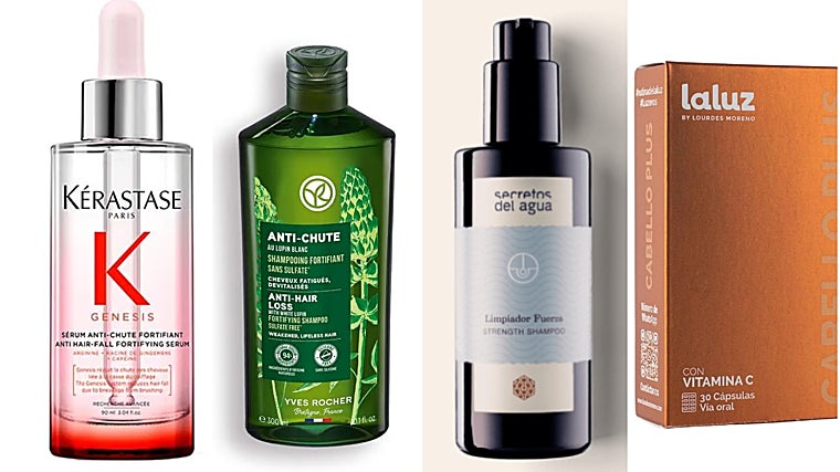 Sérum anticaída de Kérastase (disponible en Sephora), champú fortificante de Yves Rocher, champú anticaída de Secretos del Agua y cápsulas con vitamina C anticaída de Laluz by Lourdes Moreno.