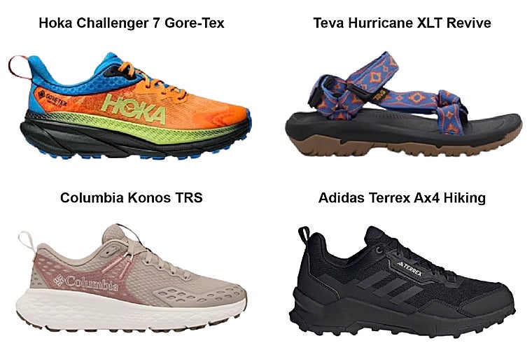 De izq. a dcha: Hola Challenger 7 Gore-Tex, Teva Hurricane XLT Revive disponibles en Krack, Columbia Konos TRS y Adidas Terrex Ax4 Hiking disponibles en JD.