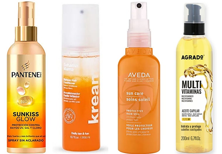 Sunkiss glow, rotección contra el sol, de Pantene; Bahama Mama acondicionador capilar bifásico de Kream; protección contra el sol de Aveda disponible en Sephora y aceite capilar multivitaminas de Agrado.