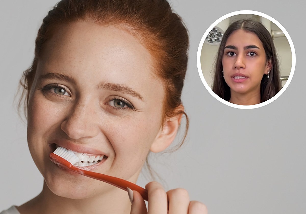 Una chica cepillándose los dientes.