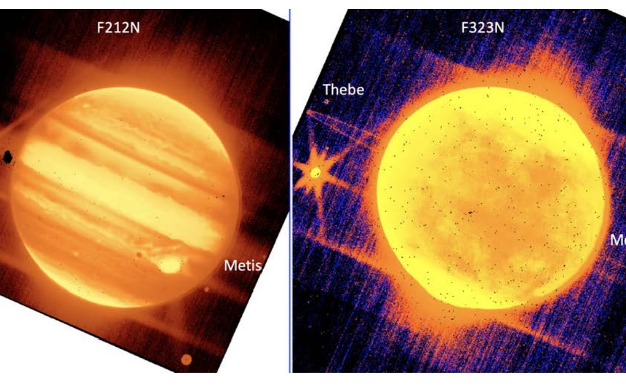 La imagen de la izquierda fue tomada por la cámara de infrarrojo cercano JWST utilizando un filtro que resalta las longitudes de onda cortas. La imagen de la derecha se tomó con un filtro que resalta longitudes de onda largas