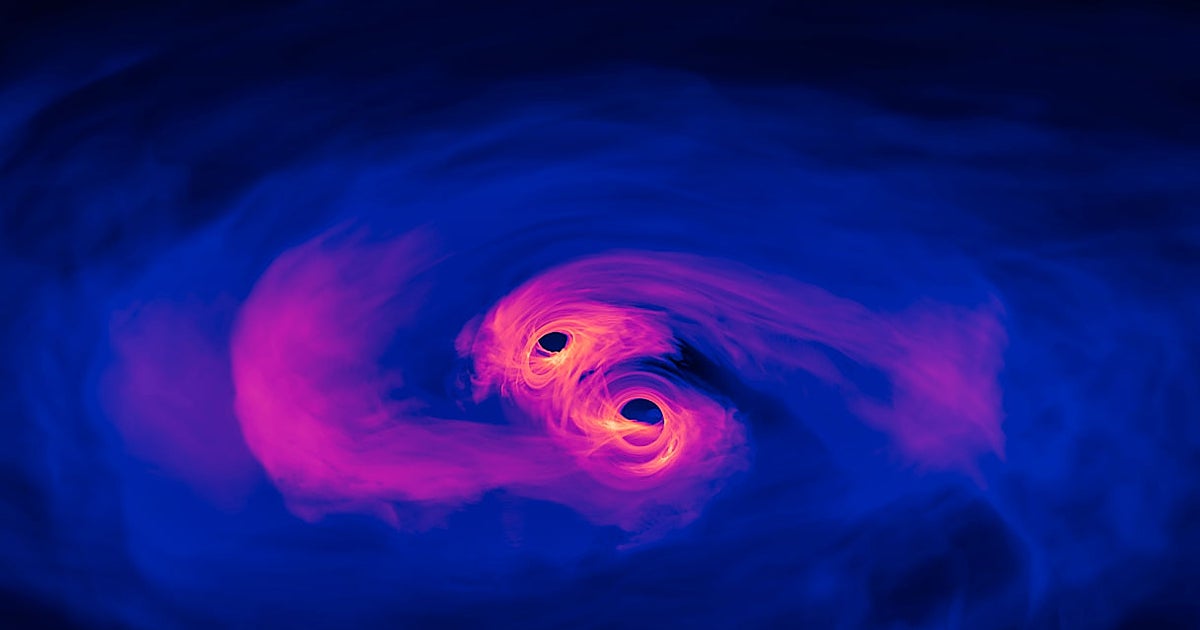 En esta simulación de la NASAa se observa cómo dos agujeros negros supermasivos están a punto de fusionarse