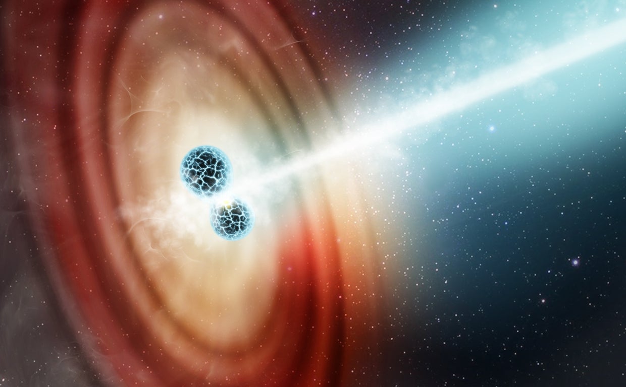 Dos estrellas de neutrones chocan y producen un chorro de radiación que viaja a velocidades relativistas