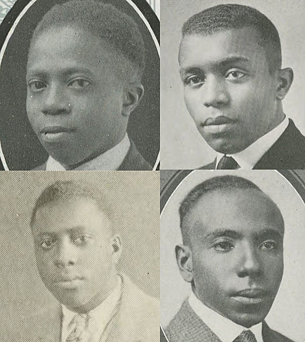 Los cuatro estudiantes de la Universidad de Purdue que identificaron los investigadores, uno de los cuales pudo haber recuperado a Lafayette. En el sentido de las agujas del reloj desde arriba a la izquierda: Hermanze Edwin Fauntleroy, Clinton Edward Shaw, Julius Lee Morgan y Clyde Silance