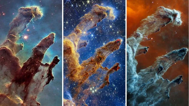 A la izquierda, la imagen de los Pilares de la Creación tomada por el Hubble; en en centro, la toma a partir del instrumento NIRCam (infrarrojo cercano), del James Webb; a la derecha, la instantánea producida a partir de MIRI (infrarrojo medio), también del James Webb
