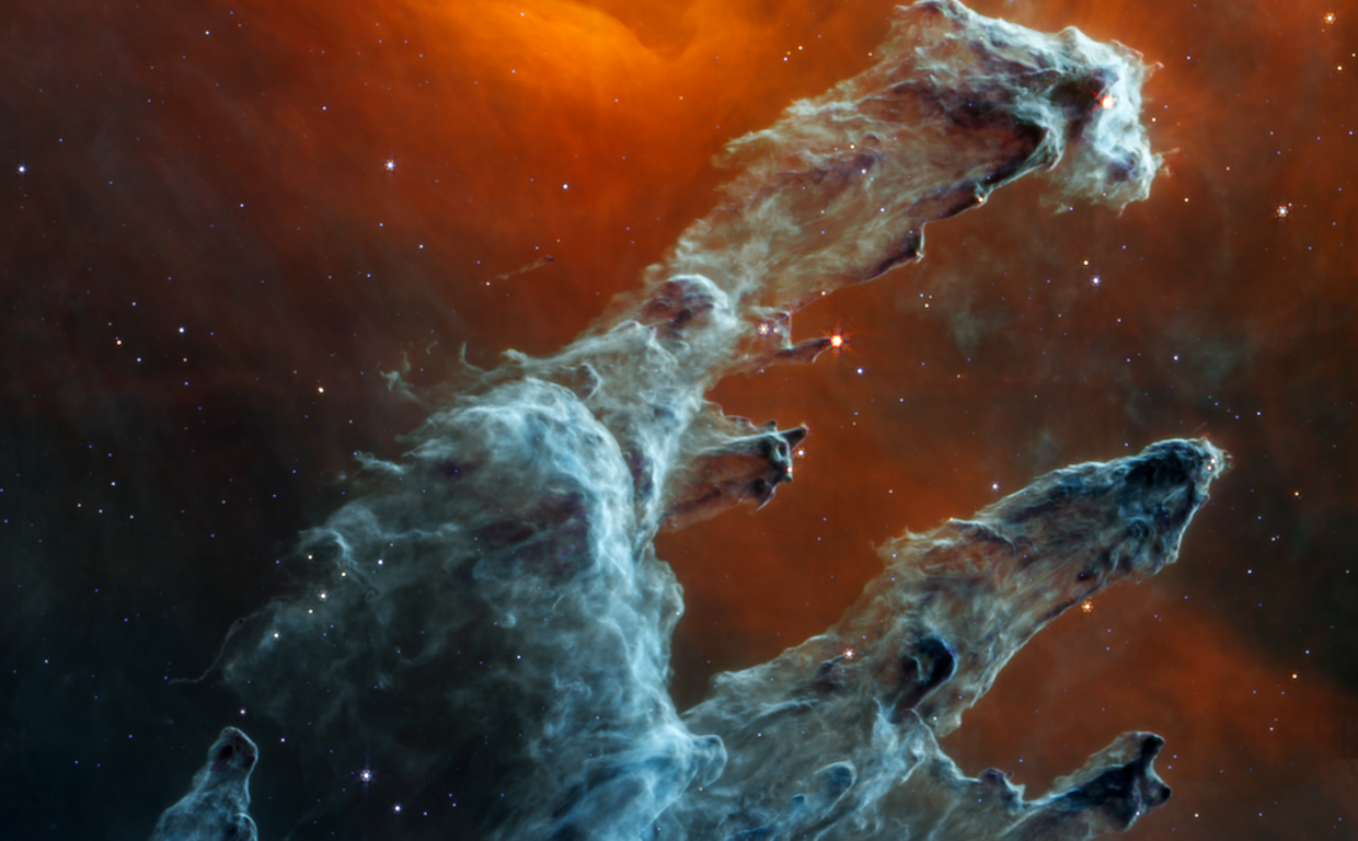Los Pilares de la Creación retratados por el instrumento MIRI, de infrarrojo medio, del telescopio espacial James Webb