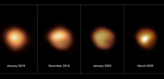 Estas imágenes, tomadas con el instrumento SPHERE en el Very Large Telescope del Observatorio Europeo Austral, muestran la superficie de la estrella supergigante roja Betelgeuse durante su oscurecimiento sin precedentes, que ocurrió a finales de 2019 y principios de 2020. La imagen del extremo izquierdo, tomada en enero 2019, muestra la estrella con su brillo normal, mientras que las imágenes restantes, de diciembre de 2019, enero de 2020 y marzo de 2020, se tomaron todas cuando el brillo de la estrella había disminuido notablemente, especialmente en su región sur. El brillo volvió a la normalidad en abril de 2020