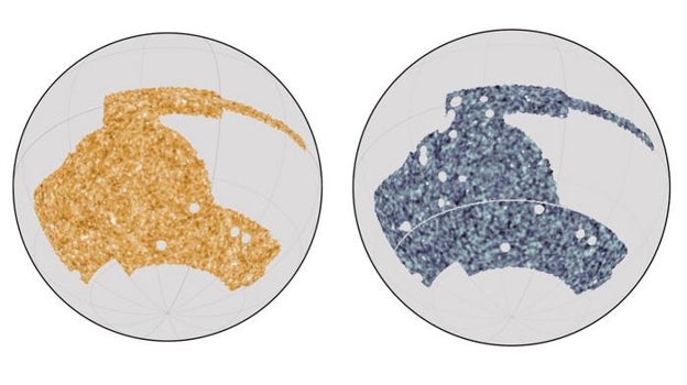 Al superponer mapas del cielo del telescopio Dark Energy Survey (a la izquierda) y el Telescopio del Polo Sur (a la derecha), el equipo pudo armar un mapa de cómo se distribuye la materia, crucial para comprender las fuerzas que dan forma al universo