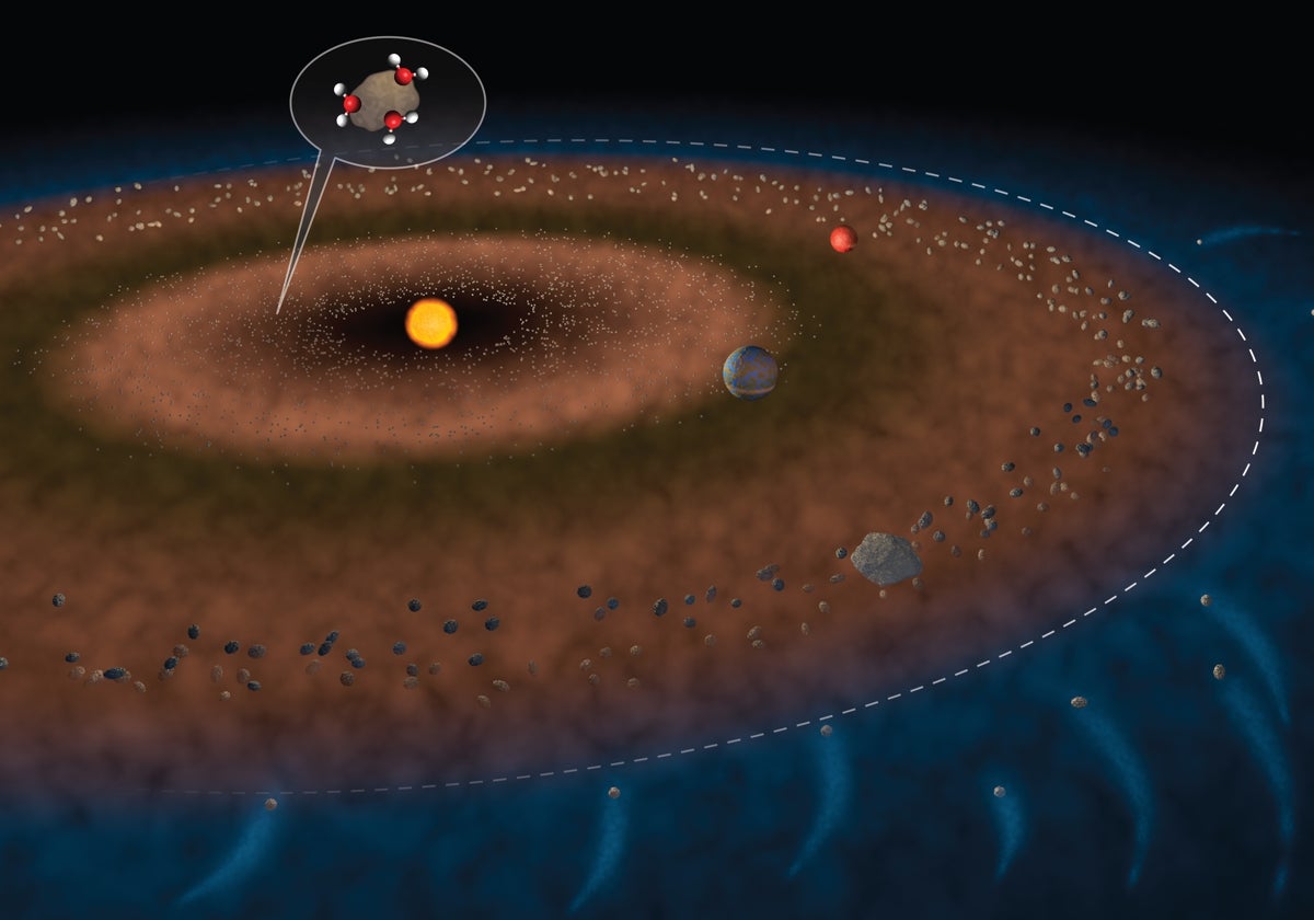 En la ilustración, la línea blanca discontinua muestra el límite entre el sistema solar interior y el exterior, con el cinturón de asteroides situado entre Marte y Júpiter. La burbuja de arriba, a la izquierda, muestra moléculas de agua adheridas a un fragmento de roca, que podría después haber llevado ese agua hasta la Tierra