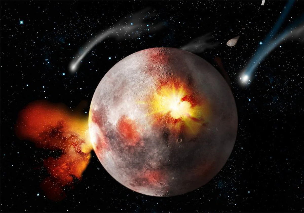 En la ilustración, la Luna recibe el impacto de numerosos meteoritos durante el 'Gran bombardeo', hace cerca de 4.000 millones de años