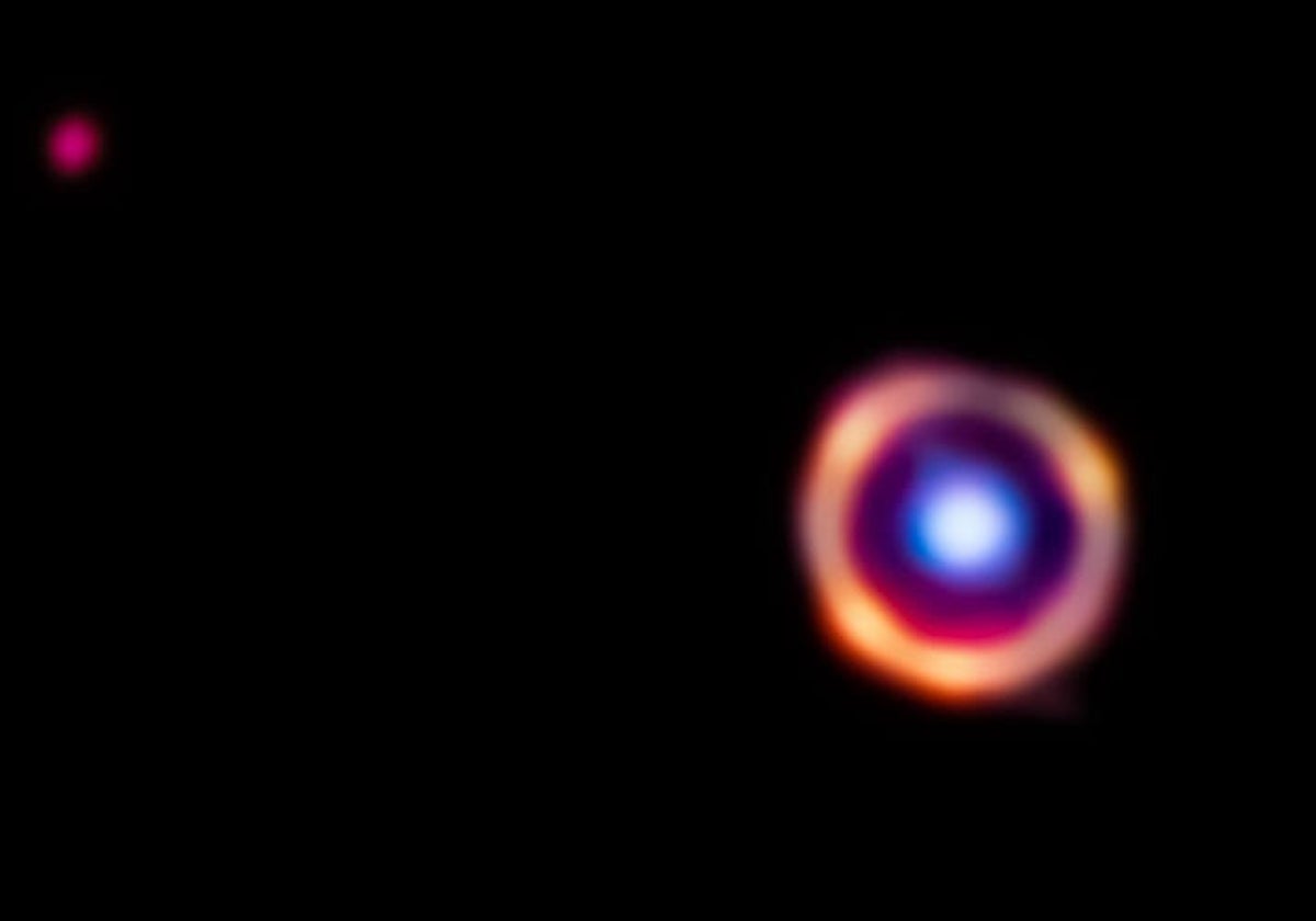 Los astrónomos que usaron el telescopio Webb descubrieron pruebas de moléculas orgánicas complejas similares al humo o a las nubes contaminantes en la Tierra en la galaxia distante que se muestra aquí. La galaxia, a más de 12.000 millones de años luz de distancia, se alinea casi perfectamente con una segunda galaxia a solo 3.000 millones de años luz de nuestra perspectiva en la Tierra. En esta imagen de Webb en falso color, la galaxia de primer plano se muestra en azul, mientras que la galaxia de fondo es roja. Las moléculas orgánicas están resaltadas en naranja