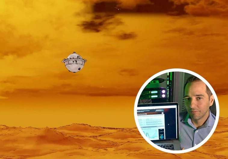 Recreación del descenso de la sonda Davinci en Venus. En el círculo, Gerónimo Villanueva