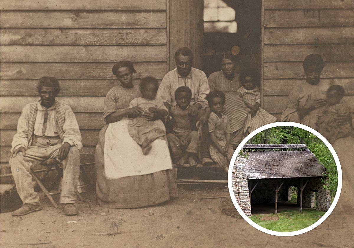 En la foto principal, una familia de esclavos negros; en el detalle, lo que queda de la fundición de Catoctin (Maryland) en la actualidad