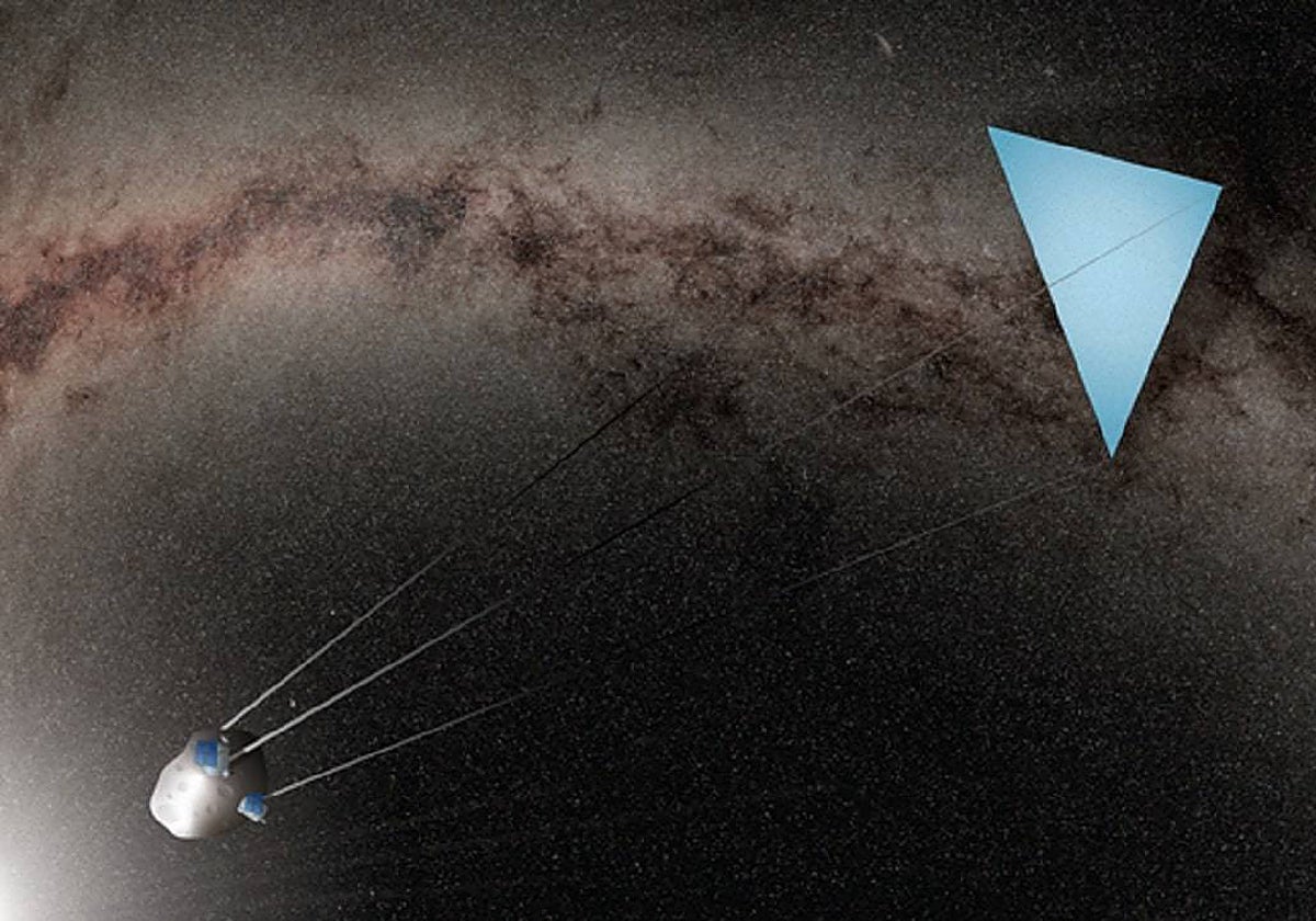 En la ilustración, un enorme parasol enganchado a un asteroide reduciría la cantidad de Sol que recibe la Tierra y evitaría el calentamiento del planeta