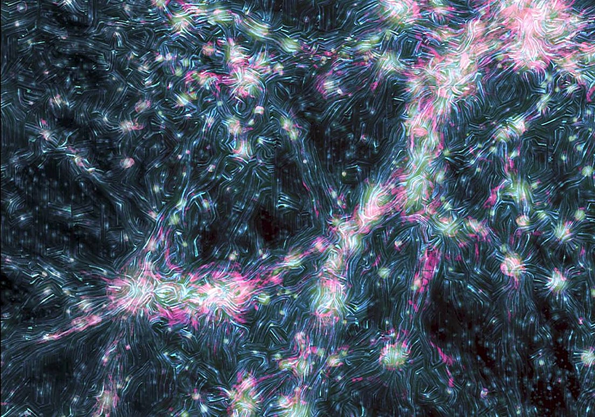 A grandes escalas, la materia, en forma de galaxias y cúmulos galácticos, se alinea en enormes filamentos, rodeados por gigantescos vacíos