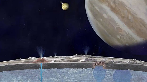 En la ilustración, el agua y sus componentes se filtran hasta la superficie de Europa a través de la capa de hielo que cubre su océano. Al fondo, Júpiter y la luna Io