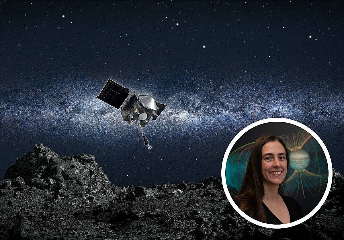Recreación de la nave Osiris-Rex en el asteroide Bennu. En el círculo, la investigadora Yasmina Martos
