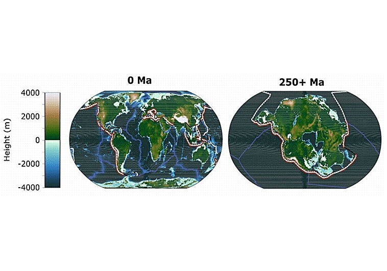 A la izquierda, el mundo que conocemos, con varios continentes. A la derecha, Pangea ultima, el supercontinente que se formará dentro de unos 250 millones de años, cuando todos los demás se unan