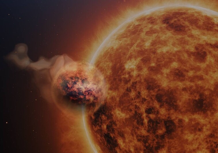 En la ilustración, el exoplaneta WASP-107b junto a su estrella anfitriona