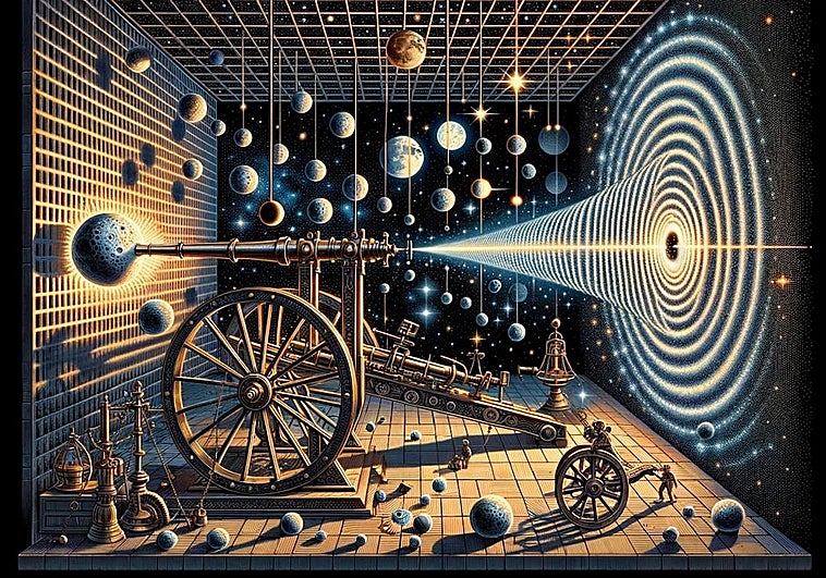 La imagen ilustra un experimento en el que partículas pesadas (la luna) causan un patrón de interferencia (un efecto cuántico) y al mismo tiempo doblan el espacio tiempo. Los péndulos representan la medida del propio espacio tiempo