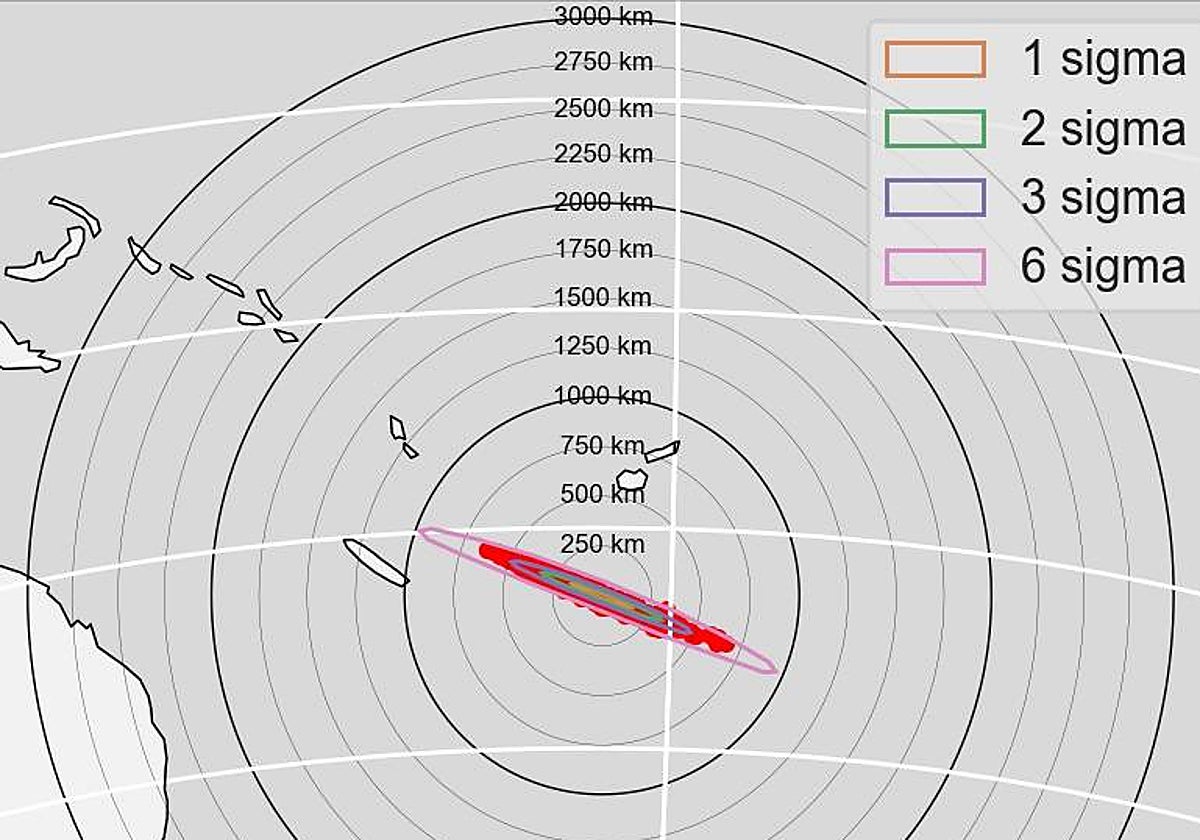 Mapa del área del sur del Pacífico donde se estrellará la nave