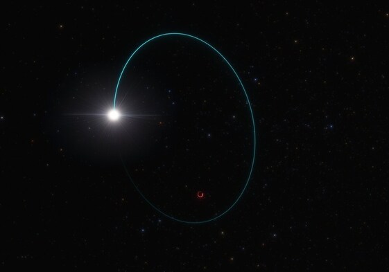 En la ilustración, el agujero negro estelas Gaia H3, orbitado de cerca por una estrella compañera, cuyos 'bamboleos' hicieron posible su descubrimiento