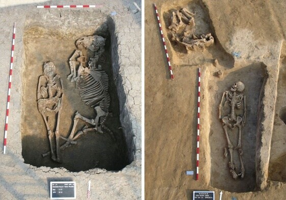 Entierro con un caballo en el yacimiento de Rákóczifalva, Hungría (siglo VIII d.C.). Este individuo masculino, que murió siendo joven, fue uno de los hijos del fundador de una de las familias rastreadas
