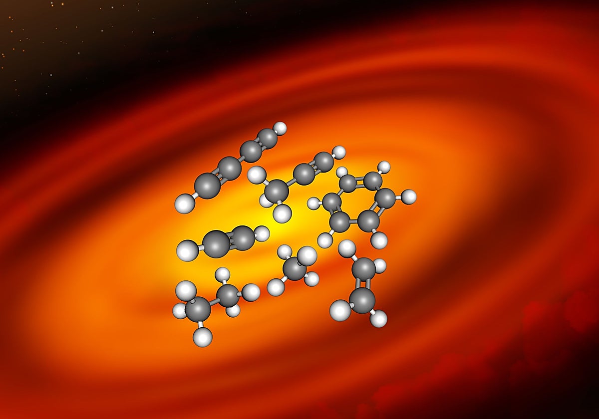 Impresión artística de un disco protoplanetario alrededor de ISO-ChaI 147, una estrella de muy baja masa. Representa una selección de moléculas de hidrocarburos  detectadas en el disco