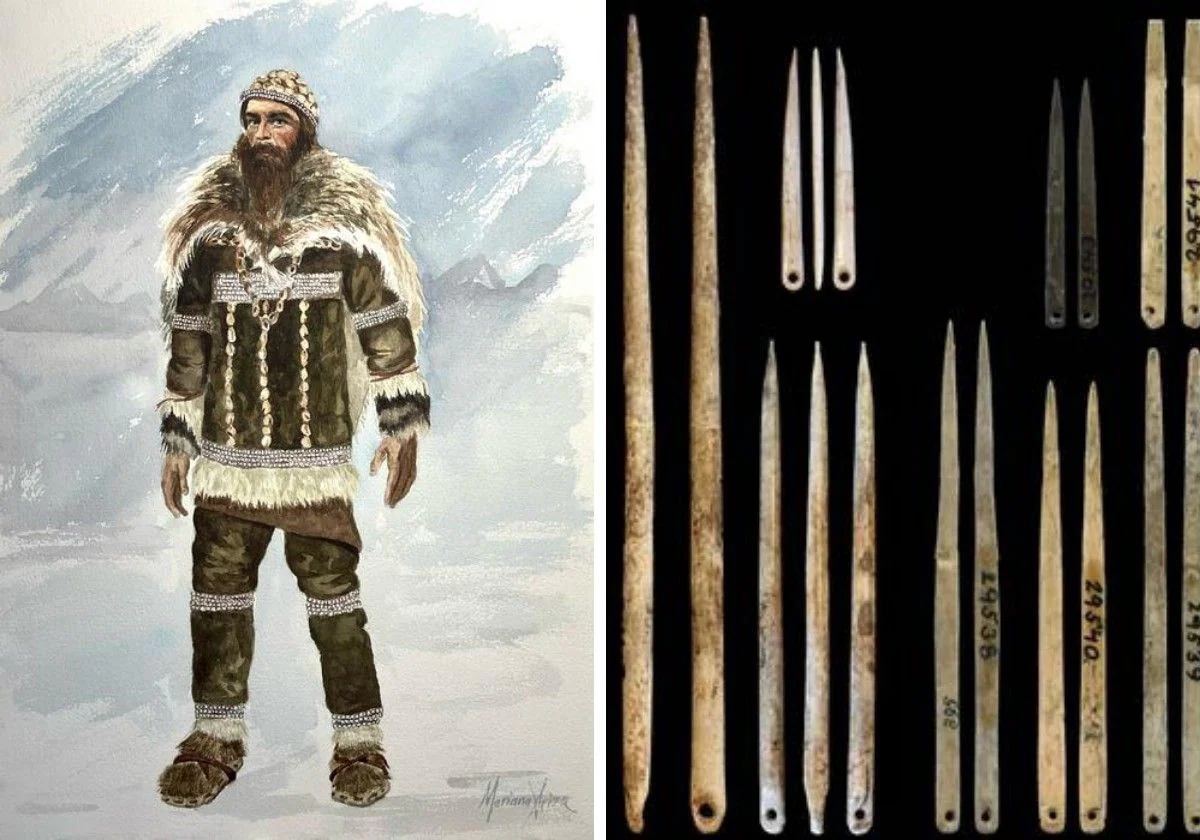 Ilustración de ropa confeccionada en el Paleolítico superior y agujas con ojos de la última Edad de Hielo
