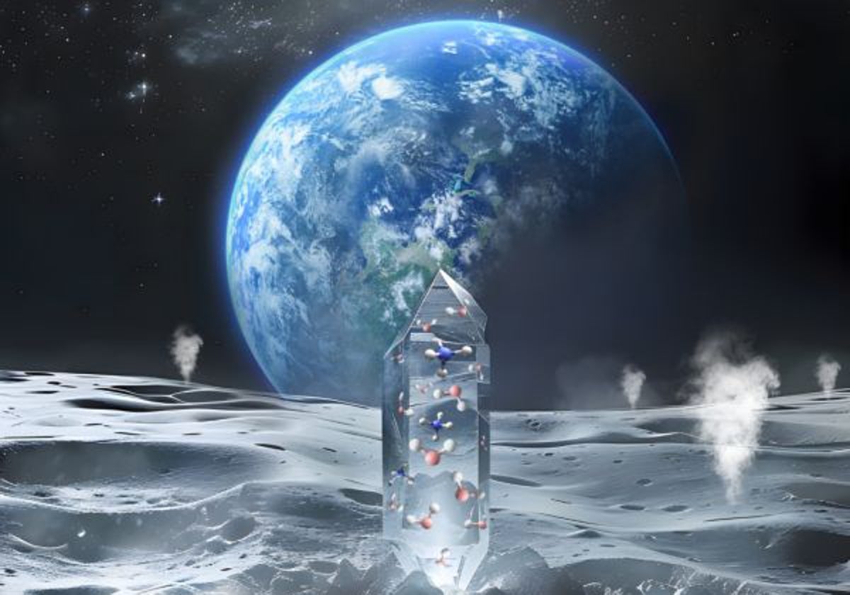 La imagen ilustra la formación de minerales hidratados en la superficie lunar