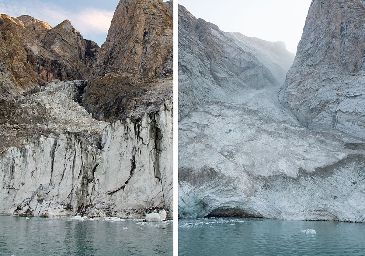 De izquierda a derecha, fotografías tomadas antes (agosto de 2023) y después (septiembre de 2023) de la caída del pico de la montaña al fiordo Dickson