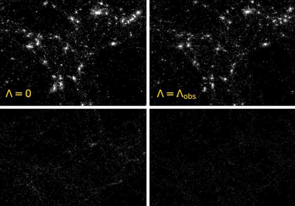 Así se vería, en términos de cantidad de estrellas, la misma región del Universo al variar la densidad de la energía oscura