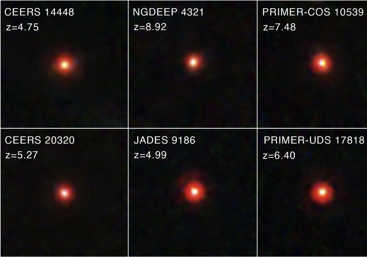Algunos de los 'pequeños puntos rojos' (LRD) que el James Webb ha encontrado