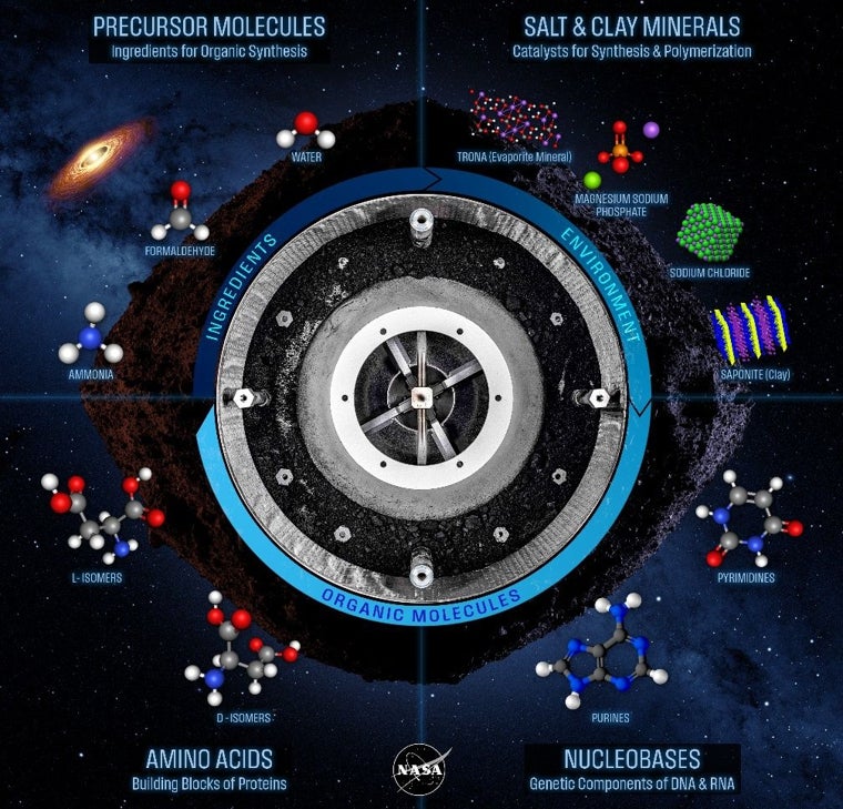 Un cartel que muestra todos los compuestos descubiertos en la muestra OSIRIS-REx