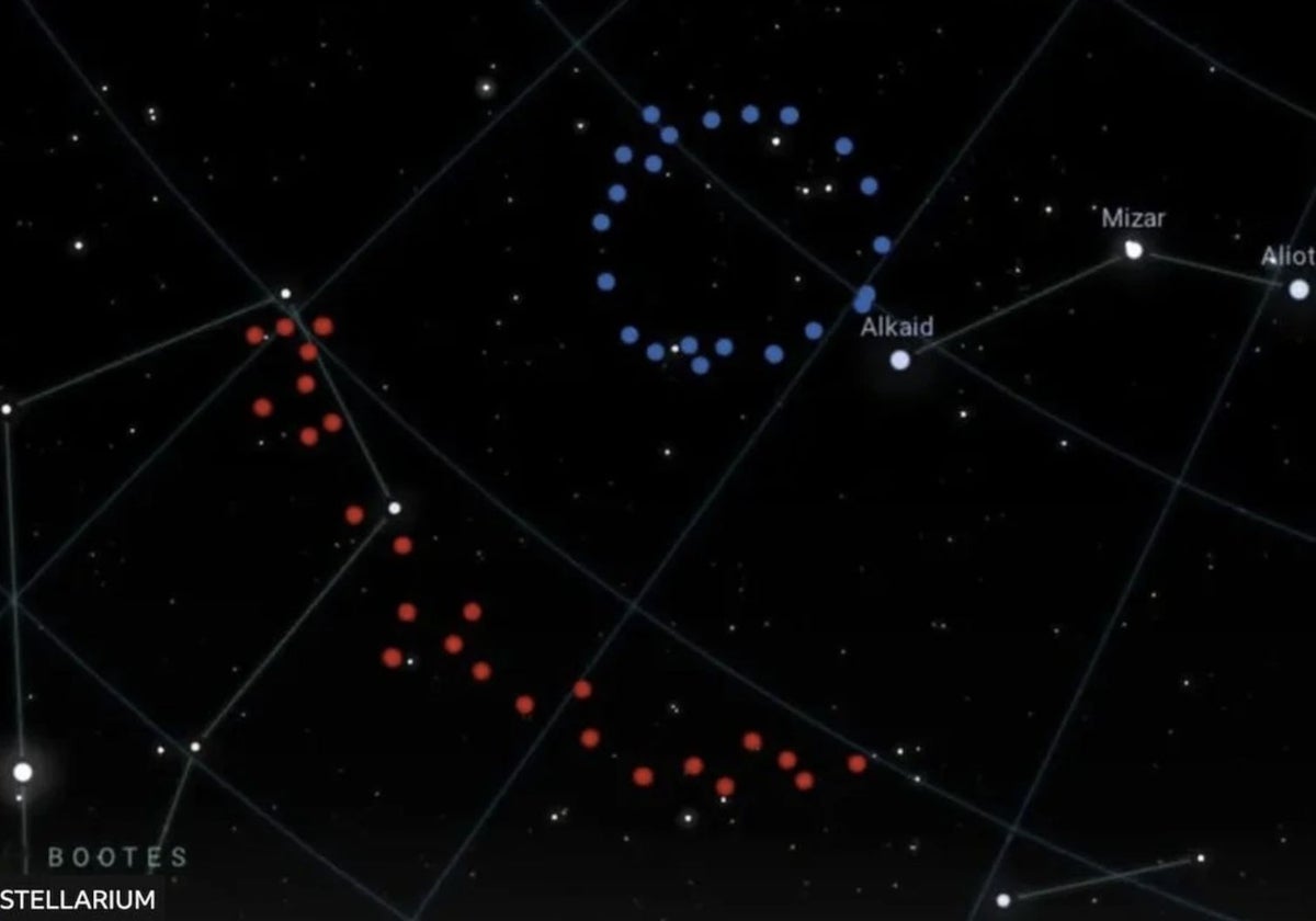 En la ilustración, el Gran anillo, en azul, y el Arco Gigante, en rojo, dos de las mayores estructuras observadas hasta ahora en el Universo, tan grandes que desafían las teorías actuales